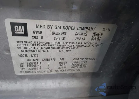 2015 Chevrolet Trax Lt from USA, damaged, VIN KL7CJRSB3FB074486